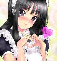  akiyama_mio alternate_costume black_eyes black_hair blush breasts breasts_squeezed_together commentary_request enmaided female heart heart_hands k-on! large_breasts long_hair maid maid_headdress mamoru_(mamoru_jinja) moe_moe_kyun! smile solo tears 