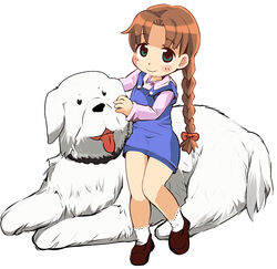  alexander_(fma) blue_overalls braid brown_hair canine commentary_request female fullmetal_alchemist lolicon nina_tucker overalls sasago_kaze slovak_cuvac smile 