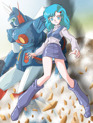  aqua_eyes aqua_hair assault_visor boots elchi_cargo female green_visor hair_ornament hairclip mecha miniskirt panties pantyshot robot sentou_mecha_xabungle skirt underwear upskirt xabungle_(mecha) zummy 