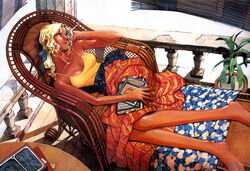  absurdres bamboo_screen bare_arms bare_legs bare_shoulders barefoot blanket blonde_hair blue_eyes blue_ribbon book bookmark breasts cleavage closed_mouth collarbone couch crack dark-skinned_female dark_skin day electra_(nadia) feet_out_of_frame female from_above fushigi_no_umi_no_nadia hair_ribbon hand_on_own_head highres holding indoors listening looking_away looking_to_the_side low_ponytail lying medium_breasts parted_bangs plant potted_plant railing ribbon sadamoto_yoshiyuki sarong sash scan seashell shell signature smile solo spaghetti_strap table tan wooden_floor 