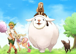  1boy 2girls animal blonde_hair blue_eyes blue_sky bow brown_eyes brown_hair canine commentary_request coon_hat cotton_candy day deian fleta grass hat long_hair mabinogi multiple_girls original outdoors oversized_animal paw_shoes player_character_(mabinogi) rarako riding sheep shoes short_hair short_sleeves shorts skirt sky tree twintails 