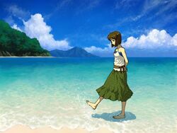  arms_behind_back bad_id bad_pixiv_id barefoot beach brown_hair cloud day feet female hagiwara_yukiho hill idolmaster idolmaster_(classic) mountain ocean om_(carbohydratism) outdoors scenery sky solo wading water 