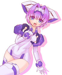  armor breasts commentary_request elbow_gloves exelica female gloves looking_at_viewer medium_breasts open_mouth photoshop_(medium) purple_eyes purple_hair short_hair skin_tight solo thighhighs trigger_heart_exelica white_background yukimura_tsubame 