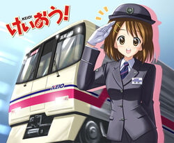  brown_eyes brown_hair commentary_request female gloves hat hirasawa_yui k-on! kishi_nisen open_mouth pencil_skirt pun round_teeth salute short_hair skirt solo teeth train train_attendant travel_attendant uniform 