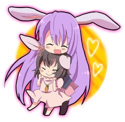  2girls animal_ears black_hair carrot closed_eyes commentary_request inaba_tewi long_hair multiple_girls nomo purple_hair rabbit_ears reisen_udongein_inaba smile touhou 