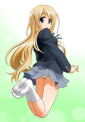  blonde_hair blue_eyes commentary_request feet female jumping k-on! kotobuki_tsumugi long_hair looking_back panties pantyshot peter_(gvb) sakuragaoka_high_school_uniform school_uniform socks solo underwear white_panties 