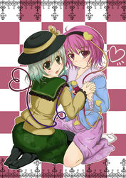  2girls commentary_request eyeball feet green_eyes green_hair hairband hat heart heart_of_string holding_hands interlocked_fingers komeiji_koishi komeiji_satori multiple_girls photoshop_(medium) pink_eyes pink_hair purple_eyes purple_hair short_hair siblings sisters socks third_eye touhou yuuma_(noel) 