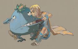  1boy bad_id bad_pixiv_id blonde_hair boots cape chrono_trigger dalton eyepatch ichito_(pyxis) long_hair male_focus monster nu_(chrono_trigger) sweat teeth 