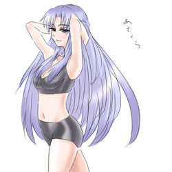  asakura_ryouko blue_eyes blue_hair breasts ex_hien female lingerie long_hair medium_breasts midriff simple_background solo suzumiya_haruhi_no_yuuutsu underwear white_background 