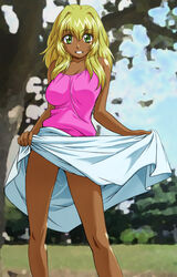  blonde_hair breasts clothes_lift copyright_request dark-skinned_female dark_skin female green_eyes grin large_breasts long_hair long_skirt sawa_jaaji skirt skirt_lift smile solo white_skirt 