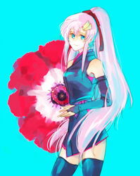  anemone_(flower) black_thighhighs blue_background blue_eyes commentary_request female flower gundam gundam_seed gundam_seed_destiny hair_ornament lacus_clyne long_hair looking_at_viewer looking_to_the_side mameezu pink_hair ponytail red_flower red_ribbon ribbon simple_background solo thighhighs zettai_ryouiki 