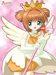  aqua_eyes bad_id bad_pixiv_id brown_hair cardcaptor_sakura crown elbow_gloves female fuuin_no_tsue gloves kinomoto_sakura kinomoto_sakura_(winged_egg_crown_costume) lolicon magical_girl puffy_pants short_hair solo wand white_gloves wings zummy 