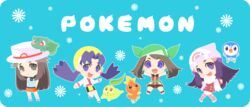  4girls alternate_costume bandana beanie blue_eyes blue_hair brown_hair bulbasaur chibi chikorita coat commentary_request copyright_name d_(pixiv544157) dawn_(pokemon) grey_eyes hat jacket jacket_on_shoulders kris_(pokemon) leaf_(pokemon) may_(pokemon) multiple_girls piplup pokemon pokemon_(creature) pokemon_dppt pokemon_emerald pokemon_frlg pokemon_gsc pokemon_platinum pokemon_rse porkpie_hat purple_eyes smile torchic winter_clothes 