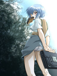  ass ayanami_rei bad_id bad_pixiv_id bag blue_hair bread bread_slice brown_sweater_vest collared_shirt dress_shirt female food food_in_mouth grey_skirt hair_over_one_eye late_for_school lina_rei mouth_hold neon_genesis_evangelion panties pantyshot red_eyes school_uniform shirt short_hair short_sleeves skirt solo sweater_vest thighs toast toast_in_mouth underwear vest white_panties white_shirt wind wind_lift zummy 