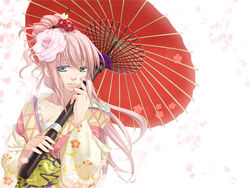  alternate_hairstyle artistic_error blue_eyes breasts cleavage commentary_request female flower hair_flower hair_ornament hairband japanese_clothes kimono long_hair medium_breasts megurine_luka natsu_(pixiv312174) oil-paper_umbrella parasol petals pink_hair solo umbrella vocaloid 