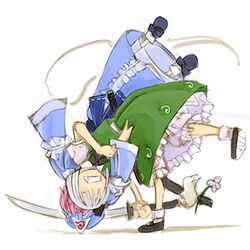  2girls cervus flower hat hitodama judo judo_throw katana konpaku_youmu konpaku_youmu_(ghost) lowres multiple_girls pink_hair saigyouji_yuyuko seoinage short_hair sword touhou weapon white_hair wrestling 