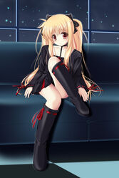  amicis bad_link black_dress blonde_hair boots casual dress fate_testarossa female full_body highres knee_boots long_hair lyrical_nanoha mahou_shoujo_lyrical_nanoha official_alternate_costume red_eyes sitting solo twintails 