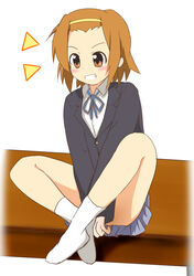  blazer brown_eyes brown_hair commentary_request female grin hairband hiiragi_mitsuna indian_style jacket k-on! sakuragaoka_high_school_uniform school_uniform short_hair sitting smile socks solo tainaka_ritsu tomboy white_socks yellow_hairband 