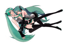  2girls aqua_eyes aqua_hair aturou0129 bare_shoulders detached_sleeves dual_persona hatsune_miku headset long_hair mouth_hold multiple_girls necktie open_clothes open_shirt selfcest shirt skirt thighhighs twintails undressing very_long_hair vocaloid yuri 