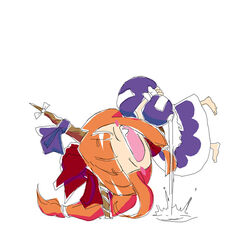  alcohol bad_id bad_pixiv_id barefoot bow chibi closed_eyes female gourd hairbow horn_ornament horn_ribbon horns ibuki_suika long_hair moto_usagi oerba_yun_fang open_mouth orange_hair ribbon solo touhou 