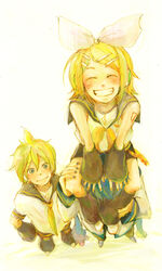  2boys blonde_hair blue_eyes blue_hair carrying commentary_request den detached_sleeves female hair_ornament hair_ribbon hairclip headphones kagamine_len kagamine_rin kaito_(vocaloid) multiple_boys photoshop_(medium) piggyback ribbon siblings simple_background smile twins vocaloid 