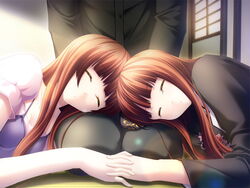  1boy 2girls brown_hair closed_eyes devils_devel_concept holding_hands interlocked_fingers lap_pillow long_hair multiple_girls nanagi_akane nanagi_akari refeia siblings sisters sleeping twins 