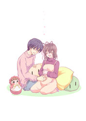  1boy antenna_hair bad_id bad_pixiv_id blue_eyes blue_hair brown_hair clannad closed_eyes couple dango_daikazoku doll female furukawa_nagisa highres husband_and_wife okazaki_tomoya pillow pregnant short_hair smile straight yuzuki_kisa 