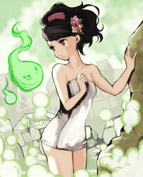  bad_id bad_pixiv_id bare_shoulders bath black_hair brown_eyes comb commentary_request female flower hair_flower hair_ornament hands hitodama izuna_jinkuro miso_katsu momohime naked_towel oboro_muramasa onsen short_hair towel 