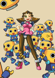  bontenmaru brown_hair commentary_request crotch_plate earrings female green_eyes hair_pulled_back hands_on_own_hips high_heels jewelry mega_man_(series) mega_man_legends_(series) one_eye_closed pantyhose servbot_(mega_man) shoes smile tron_bonne_(mega_man) 