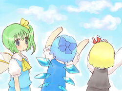  3girls bad_id bad_pixiv_id blonde_hair blue_eyes blue_hair blush cirno daiyousei fairy_wings green_hair looking_at_another multiple_girls photoshop_(medium) rias-shiki_kawaii rumia short_hair side_ponytail touhou wings 