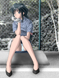  bad_id bad_pixiv_id black_hair blue_eyes chain-link_fence day female fence gloves kobayakawa_miyuki long_hair no_legwear outdoors panties pantyshot pencil_skirt police police_uniform policewoman sitting skirt solo taiho_shichauzo underwear uniform upskirt white_gloves white_panties zummy 