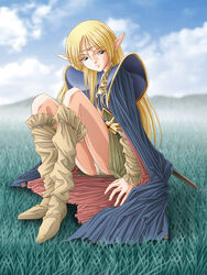  armor bad_id bad_pixiv_id blonde_hair blue_cape boots cape circlet cloud day deedlit elf female grass green_eyes long_hair outdoors panties pantyshot pointy_ears record_of_lodoss_war sitting sky solo sword underwear weapon zummy 