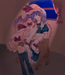  2girls bad_id bad_pixiv_id blue_eyes blush dress hat highres izayoi_sakuya lolicon multiple_girls photoshop_(medium) red_eyes remilia_scarlet rias-shiki_kawaii short_hair socks touhou wings yuri 