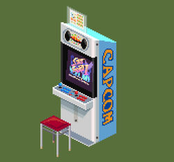  arcade_cabinet capcom capcom_mini_cute company_name controller copyright_name green_background joystick logo mui_(muilog3) no_humans photoshop_(medium) pixel_art stool street_fighter street_fighter_ii_(series) title_screen 