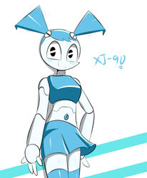  2017 4_fingers android blue_hair blush bottomwear character_name clothing female fingers hair humanoid jenny_wakeman looking_at_viewer machine my_life_as_a_teenage_robot navel nickelodeon not_furry robot sana!rpg simple_background skirt smile solo twintails unusual_navel white_background white_body 