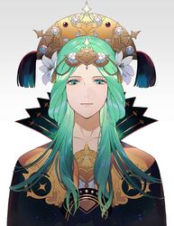  closed_mouth commentary crown female fire_emblem fire_emblem:_three_houses flower gradient_background green_eyes green_hair hair_flower hair_ornament highres kyufe long_hair rhea_(fire_emblem) simple_background solo tiara upper_body 