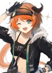  ;d animal_ears arknights azuazu_0405 bag black_headwear black_jacket blush breasts cow_ears croissant_(arknights) crop_top female fur-trimmed_jacket fur_trim gloves green_eyes grey_gloves hand_on_own_hip highres jacket long_hair long_sleeves looking_at_viewer low_ponytail medium_breasts navel one_eye_closed open_clothes open_jacket open_mouth orange_hair shoulder_bag simple_background smile solo sparkle upper_body very_long_hair white_background 