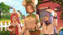  3girls :d animal arm_up artist_name bare_shoulders basket beret black_sailor_collar black_skirt blue_eyes blue_flower blue_hair braid breasts brown_eyes brown_hair brown_skirt bug building butterfly character_request cleavage closed_mouth commentary day detached_sleeves dragalia_lost dress english_commentary fence flower flower_pot green_flower hat hentaki holding holding_flower holding_hands hydrangea jacket lily_(granblue_fantasy) long_hair long_sleeves maribelle_(dragalia_lost) medium_breasts multiple_girls neckerchief open_clothes open_jacket open_mouth outdoors parted_bangs pointy_ears red_hair red_jacket rose sailor_collar school_uniform serafuku shirt skirt smile sophie_(dragalia_lost) squirrel teruterubouzu twin_braids twintails very_long_hair watermark web_address white_dress white_flower white_headwear white_rose white_sailor_collar white_shirt white_sleeves wide_sleeves window yellow_flower yellow_neckerchief 