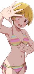  bikini blonde_hair blunt_bangs blush breasts collarbone covering_face dani-ikapi female frown fukuda_noriko halterneck highres idolmaster idolmaster_million_live! medium_breasts navel one_eye_closed open_mouth shade short_hair side-tie_bikini_bottom simple_background solo string_bikini swimsuit white_background yellow_eyes 