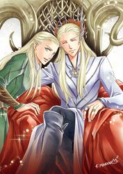  2boys black_pants blonde_hair blue_eyes bracer braid closed_eyes crossed_legs crown fingernails hair_slicked_back highres jewelry kazuki-mendou legolas long_hair long_sleeves looking_at_viewer multiple_boys pants pointy_ears ring robe side_braid signature sitting smile the_hobbit thranduil throne tolkien&#039;s_legendarium 