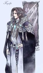  1boy belt black_cape brooch brown_eyes brown_hair cape character_name closed_mouth dated fingolfin grey_background highres jewelry kazuki-mendou long_hair male_focus mirror pointy_ears profile robe signature simple_background solo standing the_silmarillion tolkien&#039;s_legendarium 