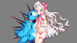  armlet bikini blue_eyes blush commentary_request cowboy_shot earrings eiyuu_senki eiyuu_senki_ww female frilled_bikini frills grey_background headband highres jewelry long_hair looking_at_viewer navel official_art oyari_ashito pink_bikini simple_background solo spikes standing stuffed_animal stuffed_toy swimsuit teddy_bear very_long_hair vlad_tepes_(eiyuu_senki) wavy_hair white_hair 