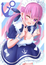  ;d absurdres anchor_symbol blue_dress blue_hair blue_nails blush bow breasts cleavage colored_inner_hair commentary_request diagonal_stripes dress female frilled_dress frills hair_between_eyes hands_up highres hololive index_finger_raised long_hair looking_at_viewer maid_headdress medium_breasts minato_aqua minato_aqua_(1st_costume) multicolored_hair nail_polish neko_punch_(user_hddm3373) one_eye_closed pink_hair puffy_short_sleeves puffy_sleeves purple_eyes short_sleeves smile solo striped striped_background twintails two-tone_hair very_long_hair virtual_youtuber white_bow 