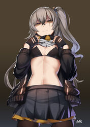  absurdres bangs banned_artist black_bikini_top black_gloves black_jacket black_skirt breasts brown_eyes closed_mouth female fingerless_gloves girls_frontline gloves gradient gradient_background grey_hair highres jacket lolicept long_hair long_sleeves looking_at_viewer navel one_side_up open_clothes open_jacket pantyhose pleated_skirt scar scar_across_eye shaded_face shirt_lift skirt small_breasts smile solo ump45_(girls_frontline) 