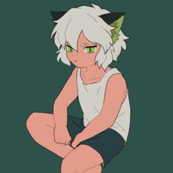  1boy animal_ears bad_id bad_twitter_id black_background black_shorts cat_boy cat_ears green_eyes lolicon luo_xiaohei luo_xiaohei_(human) luo_xiaohei_zhanji male_focus parted_lips short_hair shorts simple_background sirakaro solo tank_top white_hair white_tank_top 