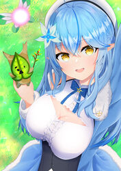  :d absurdres ahoge arm_up bare_shoulders beret blue_bow blue_flower blue_hair blue_jacket bow braid breasts center_frills cleavage cleavage_cutout clothing_cutout colored_tips commentary_request day fairy female flower frills fur-trimmed_sleeves fur_trim grass hair_between_eyes hair_flower hair_ornament half_updo hat highres holding hololive jacket korok large_breasts long_hair long_sleeves looking_at_viewer medium_breasts multicolored_hair neko_punch_(user_hddm3373) open_clothes open_jacket outdoors pointy_ears shadow shirt sleeveless sleeveless_shirt smile streaked_hair the_legend_of_zelda the_legend_of_zelda:_breath_of_the_wild very_long_hair virtual_youtuber white_flower white_headwear white_shirt yellow_eyes yukihana_lamy yukihana_lamy_(1st_costume) 