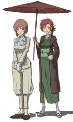  2girls aged_up alternate_costume alternate_hairstyle alternate_universe book breasts brown_footwear brown_hair cosplay formal girls_und_panzer girls_und_panzer_little_army green_kimono hair_ornament hairclip holding holding_book holding_umbrella idegami_kikuyo idegami_kikuyo_(cosplay) japanese_clothes kimono multiple_girls nakasuga_emi nishizumi_miho nishizumi_shiho nishizumi_shiho_(cosplay) oil-paper_umbrella pant_suit pants ponytail red_hair run_the_9tails suit umbrella white_suit 