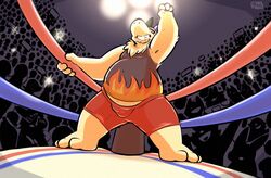  anthro barefoot bottomwear bulge clothing crowd feet fighting_ring generation_2_pokemon group hi_res male mask nintendo overweight overweight_male pokemon pokemon_(species) raburigaron shirt shorts slightly_chubby solo sports_mask sportswear standing tank_top topwear typhlosion wrestling_mask 