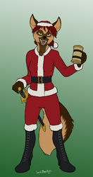  2021 anthro belt beverage boots breasts brown_body brown_fur canid canine canis christmas clothing domestic_dog female footwear fur hair hi_res high_heeled_boots high_heels holding_beverage holding_object holidays looking_at_viewer lord_magicpants mammal melee_weapon simple_background smile solo sword weapon 