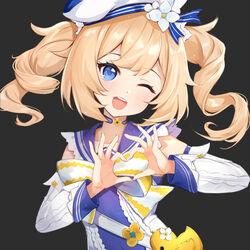  ;d bag barbara_(genshin_impact) barbara_(summertime_sparkle)_(genshin_impact) bird black_background blonde_hair blue_eyes blush choker dress duck female genshin_impact hat heart heart_hands kinyoubi_no_nangong_da long_sleeves looking_at_viewer one_eye_closed open_mouth sailor_collar sailor_dress sailor_hat simple_background smile solo swimsuit teeth twintails upper_teeth_only white_hat 